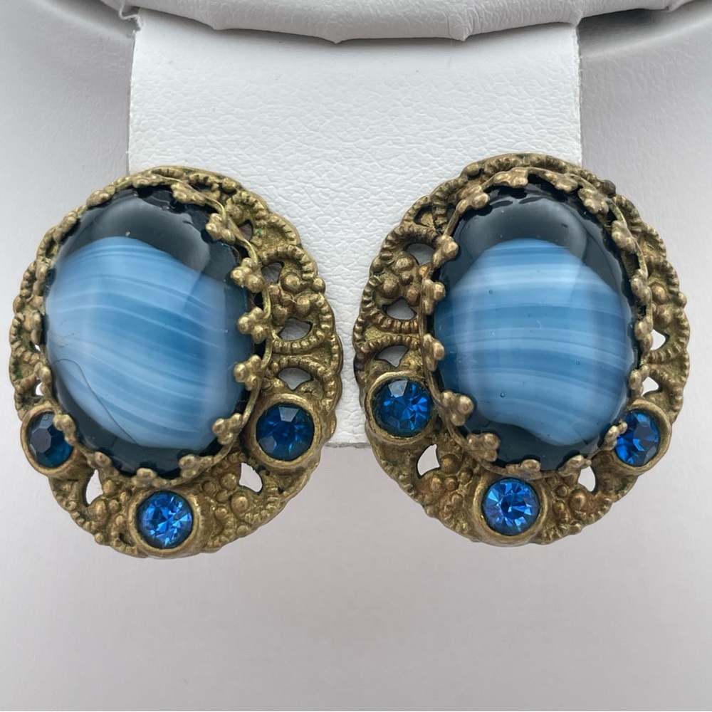 Beautiful Vintage West Germany Blue Cabochon Rhinestone Clip Earrings